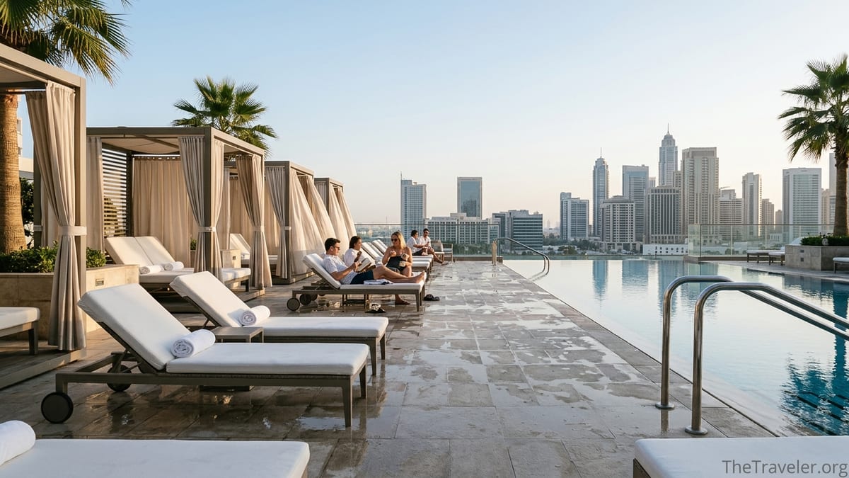 Rooftop pool terrace at a Waldorf Astoria hotel with cabanas and city skyline at sunset.