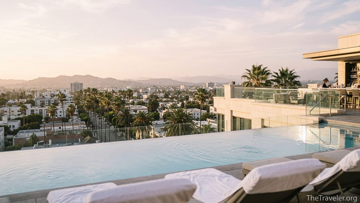 Rooftop pool terrace at Waldorf Astoria Beverly Hills overlooking Los Angeles at sunset.