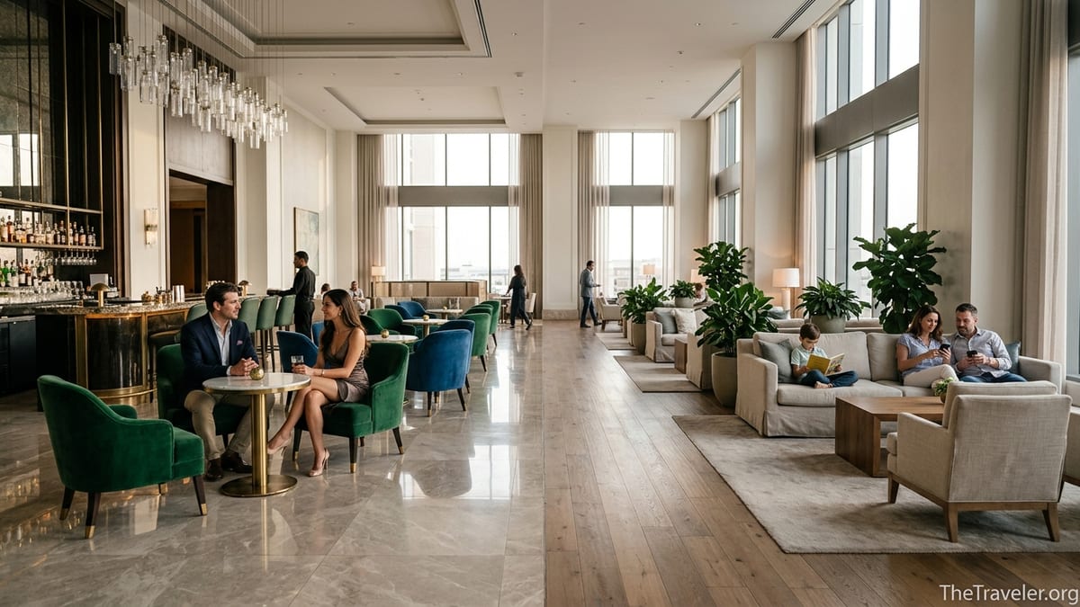 Luxury hotel lounge contrasting Waldorf Astoria glamour and Four Seasons warmth in one wide interior scene.