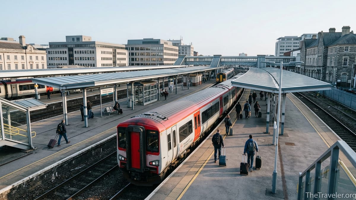 Passengers boarding a Transport for Wales train at Cardiff Central station on a clear morning.