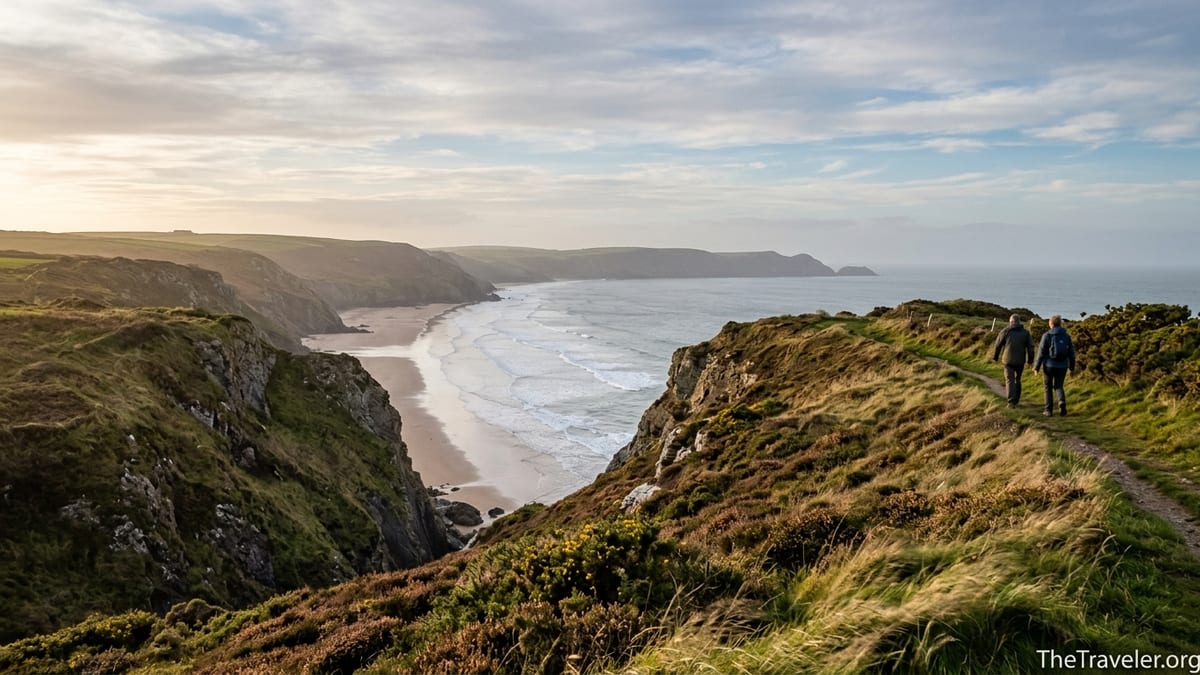 Golden hour view over a clifftop path on the Pembrokeshire coast with sandy beach and hikers