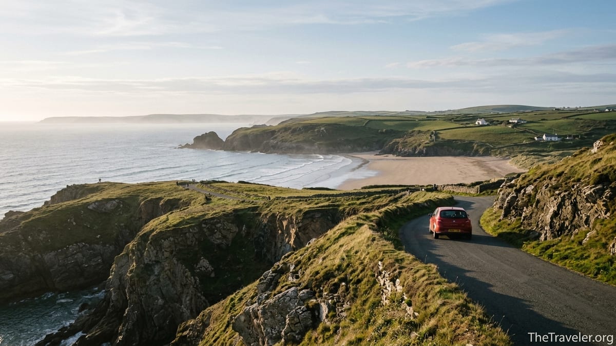 Curving coastal road above cliffs and sandy bay on the Welsh coast at sunset.