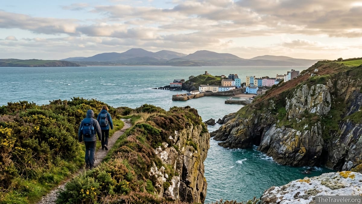 Hikers on a Pembrokeshire coastal path with pastel harbour and distant Welsh mountains at sunset.