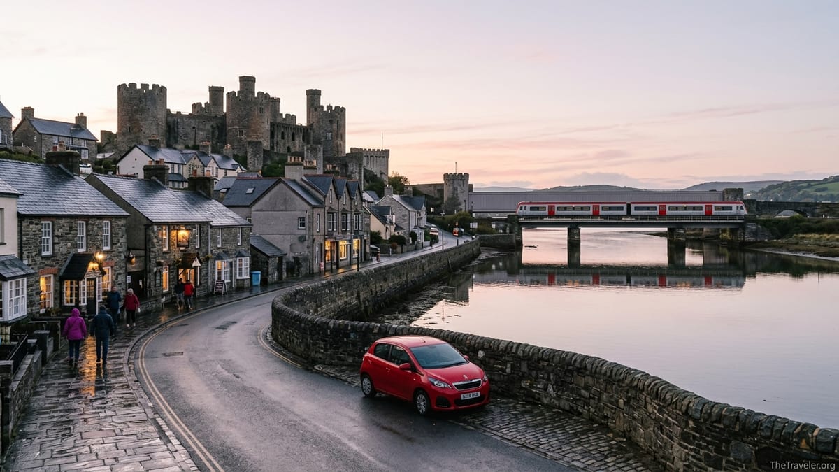 Evening view of a Welsh castle town with cottages, a train and a car by the water.
