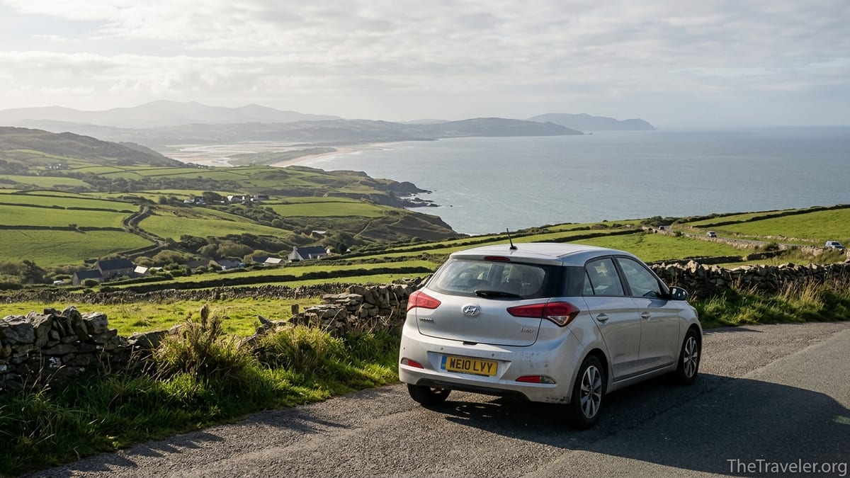 Car parked above Cardigan Bay overlooking rolling fields and the Welsh coast.
