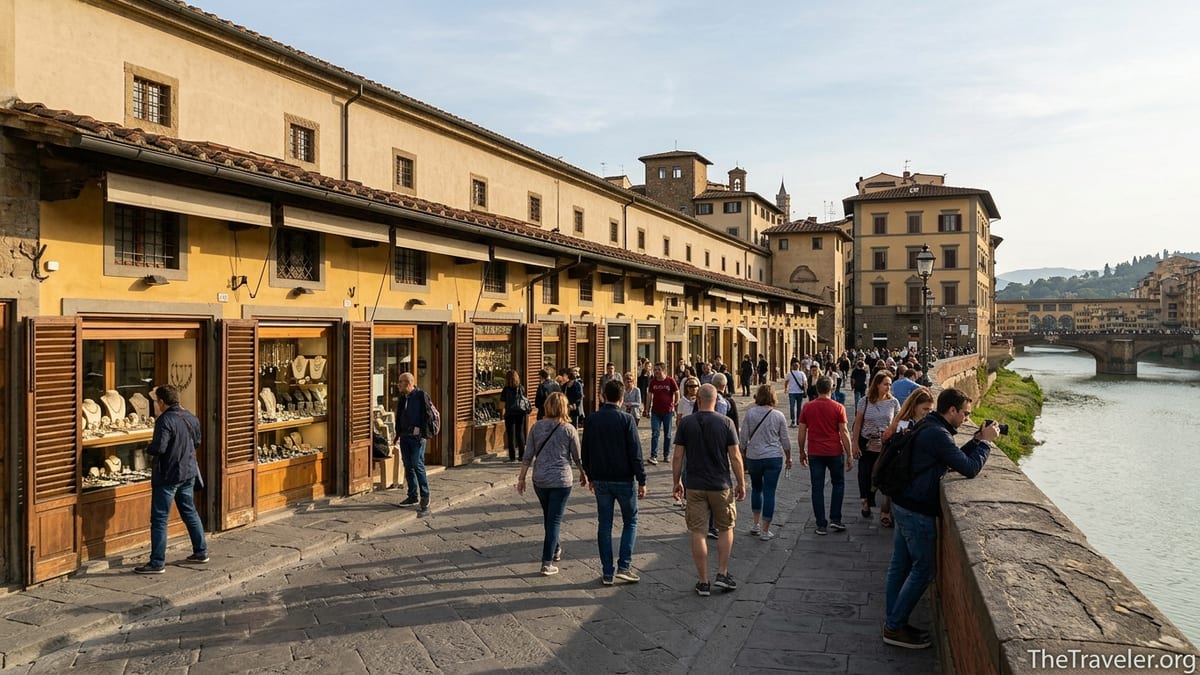 Pedestrians walking along Florence’s Ponte Vecchio past jewelry shops and the Vasari Corridor in warm afternoon light.
