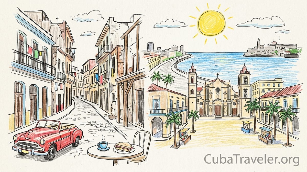 Street in Havana transitioning from restored colonial plaza to worn Centro Habana apartments with people walking and classic,