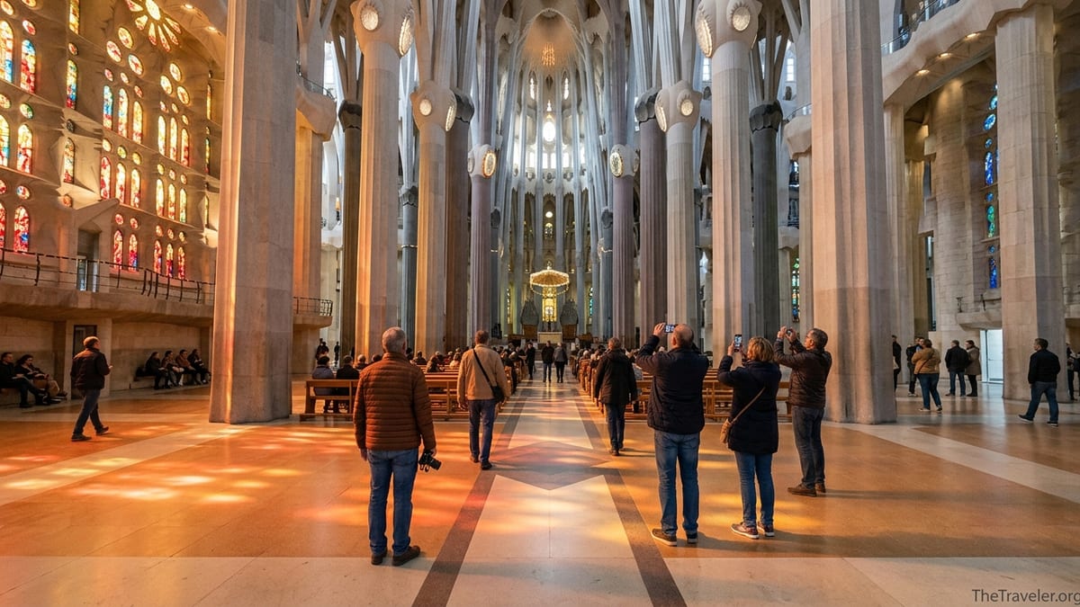 Visitors walking under sunlit stone columns inside Sagrada Família’s colorful nave in Barcelona.