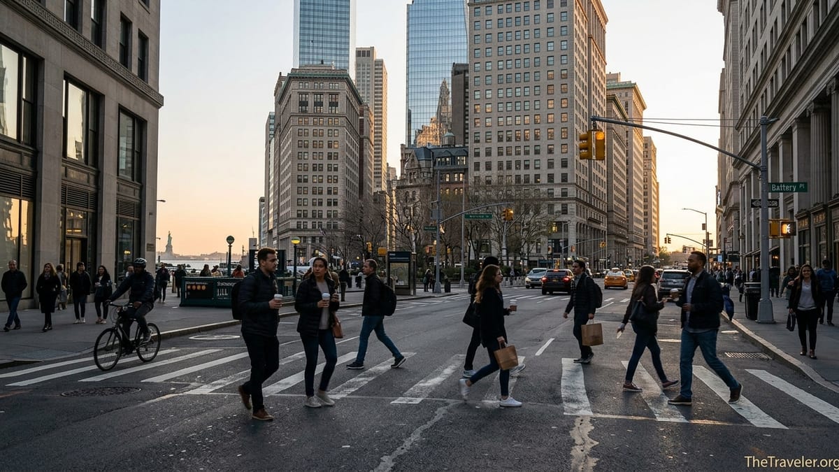 Pedestrians crossing a Lower Manhattan street at golden hour with harbor light on nearby towers.