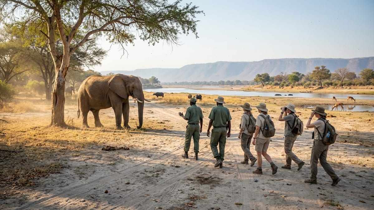 Walking safari group observing a bull elephant in Mana Pools National Park, Zimbabwe.