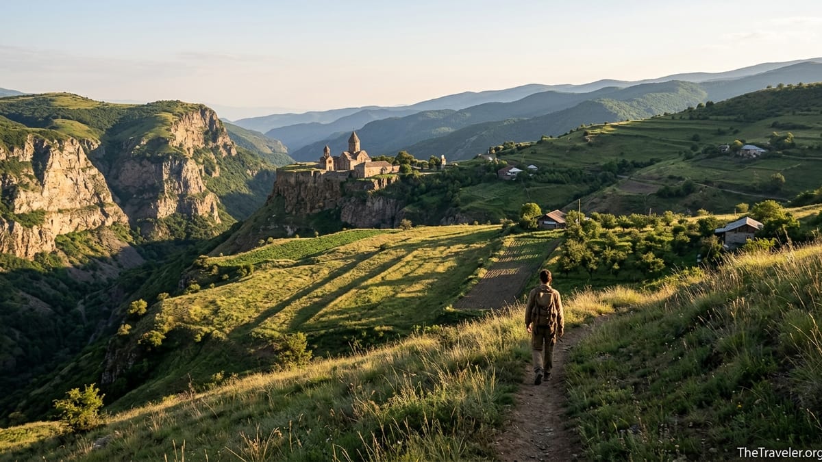 Hiker on a trail above Vorotan Gorge approaching cliff-edge Tatev Monastery in southern Armenia at golden hour.