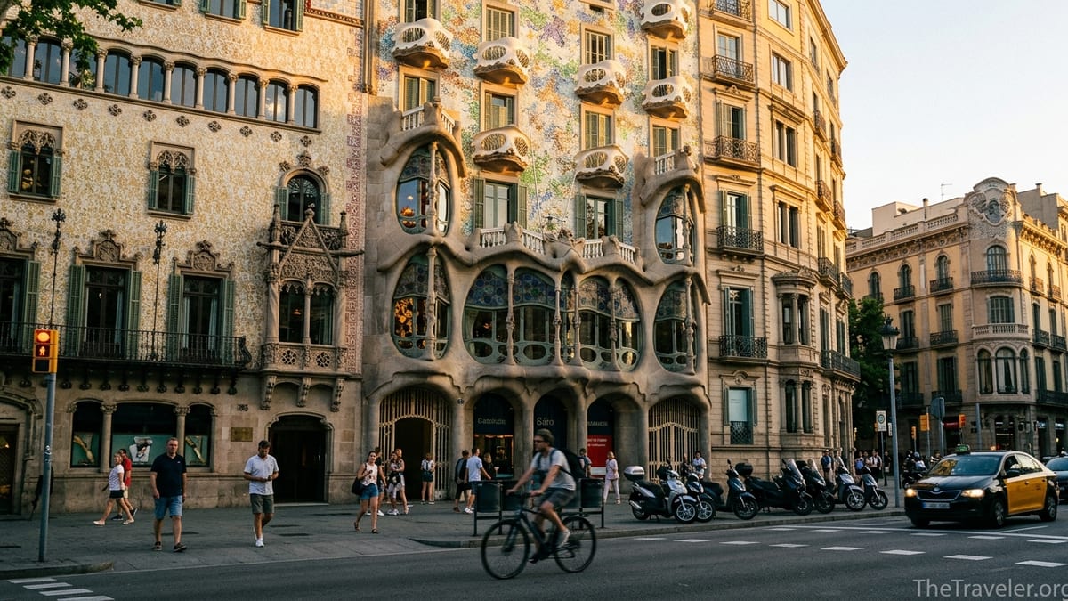 Street-level view of Casa Batlló’s dragon-backed façade on Passeig de Gràcia at golden hour in Barcelona.