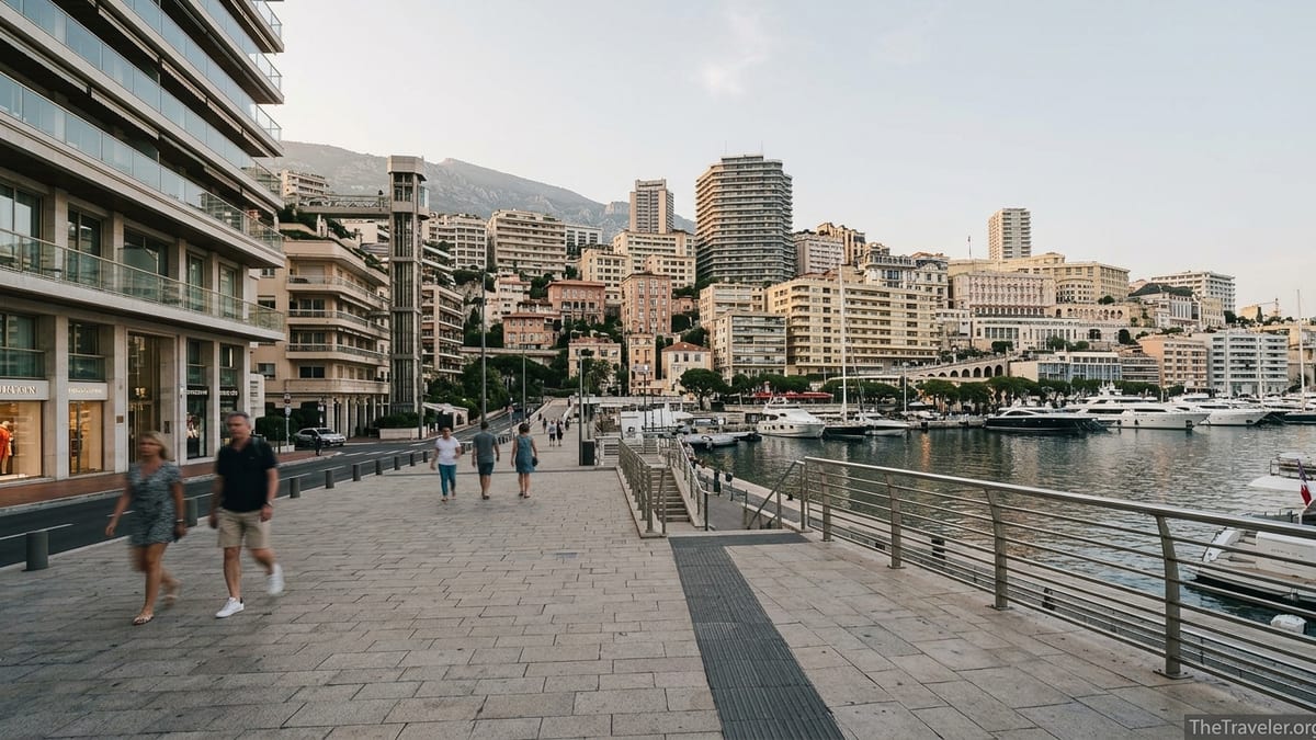 Pedestrians walking above Monaco’s harbor at sunset with city and yachts below.
