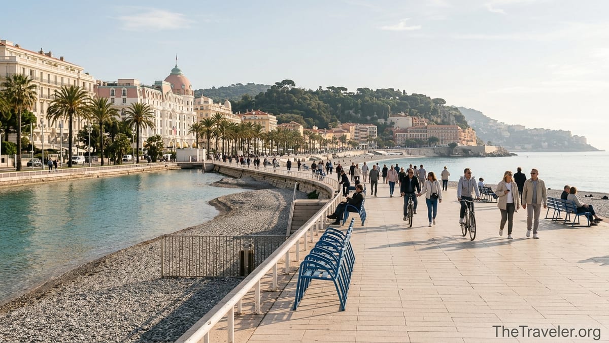 People walking and cycling along Nice’s Promenade des Anglais beside the turquoise Baie des Anges.