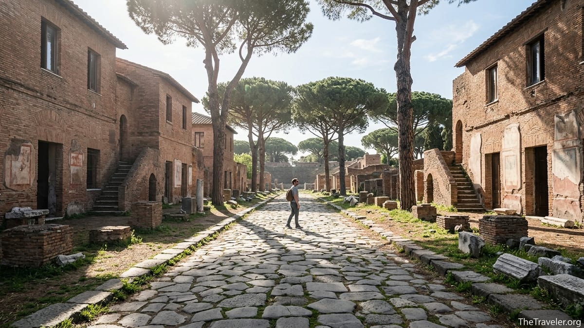 Sunlit ancient street in Ostia Antica with brick ruins and umbrella pines.