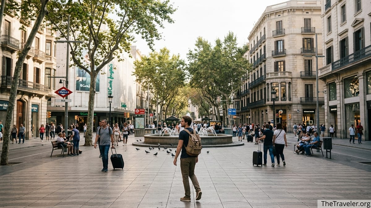 Pedestrians crossing Plaça de Catalunya in Barcelona with fountains and avenues radiating out.