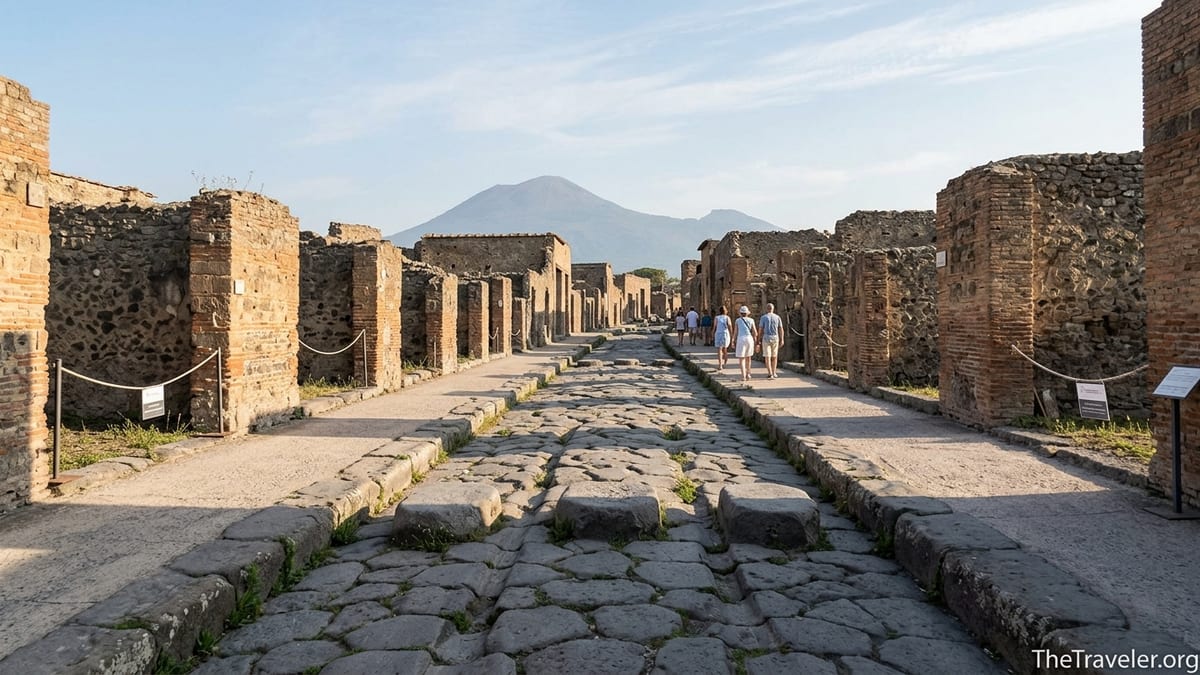 Early-morning view of a stone street in Pompeii with Mount Vesuvius in the background.