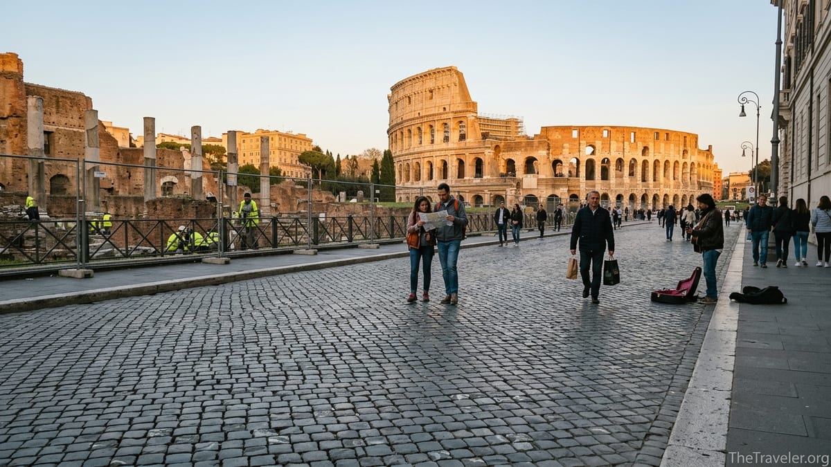 Pedestrians walking on Via dei Fori Imperiali toward the Colosseum at sunset in Rome.