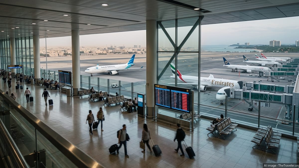 Quiet airport terminal overlooking grounded international aircraft and sparse travelers.