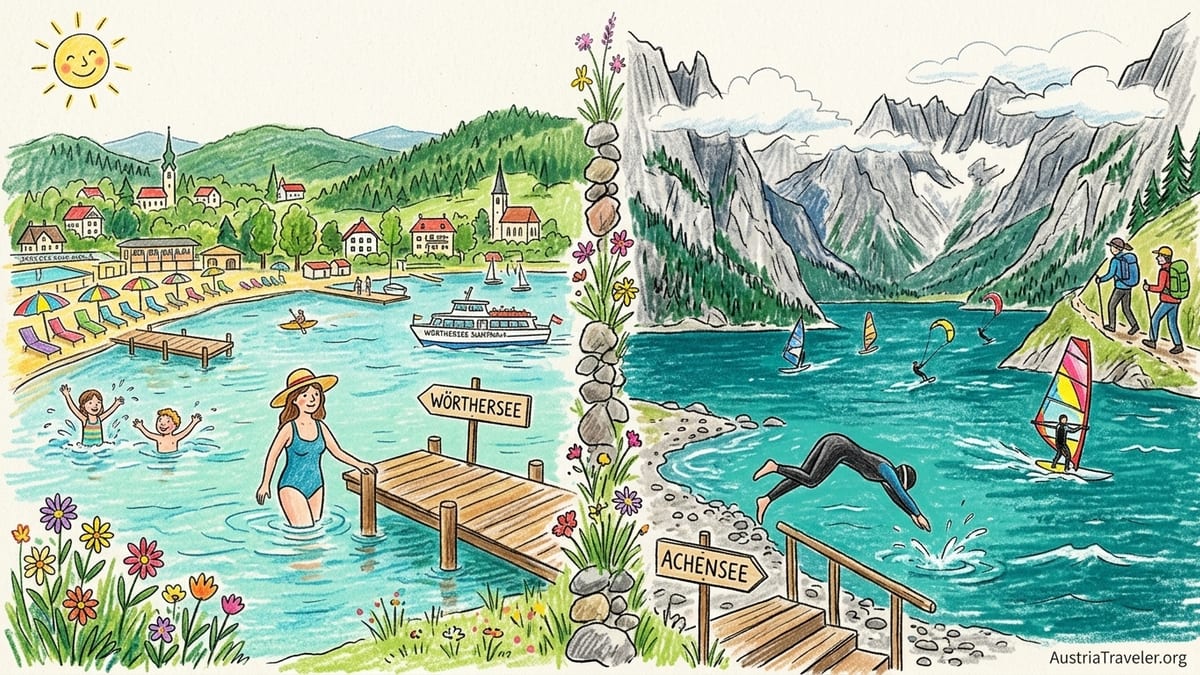 Warm Austrian lake with bathers contrasted against a cooler high-Alpine lake with mountains and sailboats at sunset.