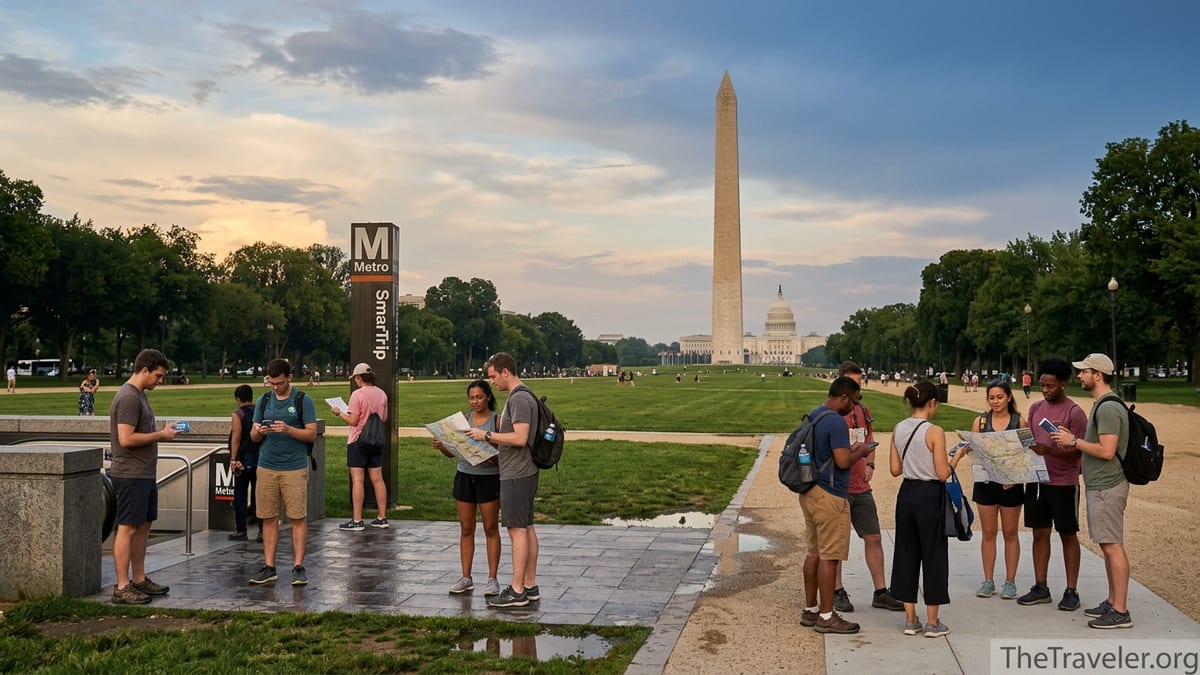 Travelers studying maps near a DC Metro entrance with the Washington Monument in the distance.