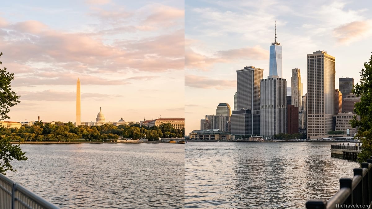 Split skyline view suggesting Washington, D.C. on one side and New York City on the other at sunset.
