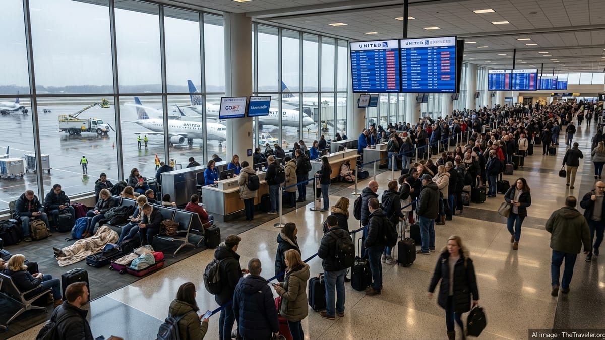 Crowded Washington Dulles terminal with passengers waiting amid delays at United and regional airline gates.