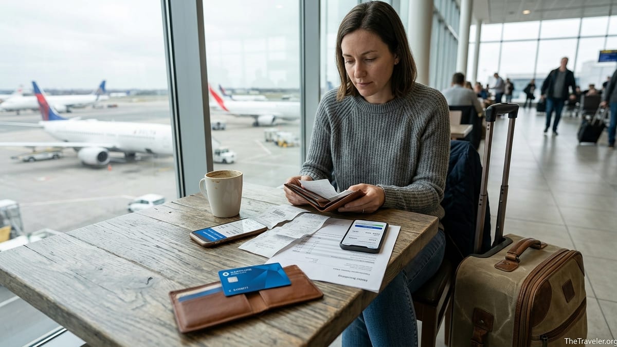 Traveler in an airport lounge studying receipts and a blue travel credit card.