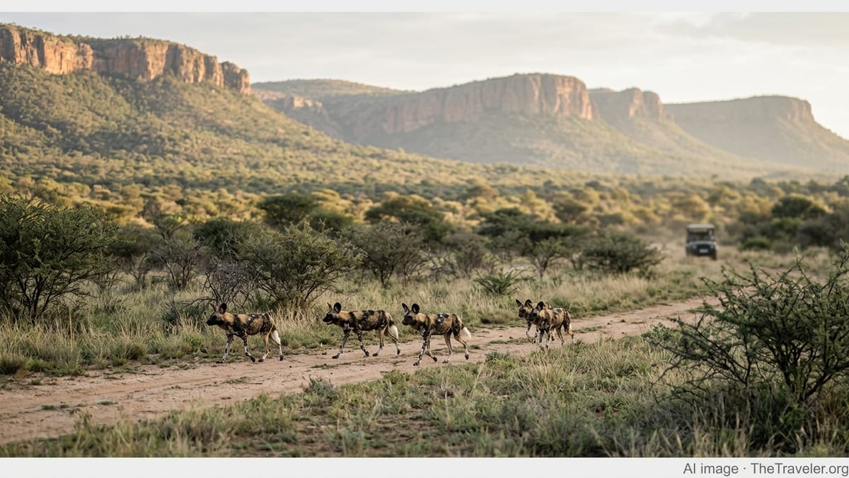 African wild dogs trotting along a dirt track in South Africa’s Waterberg hills at sunrise.