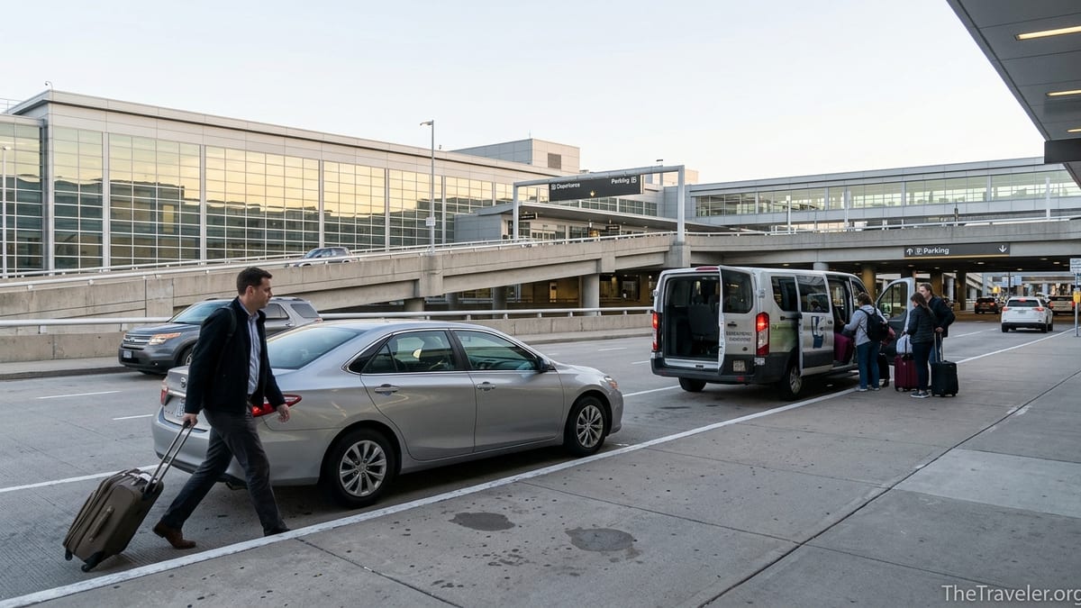 Traveler at a U.S. airport curb watching a shuttle van arrive from an off-site parking lot.