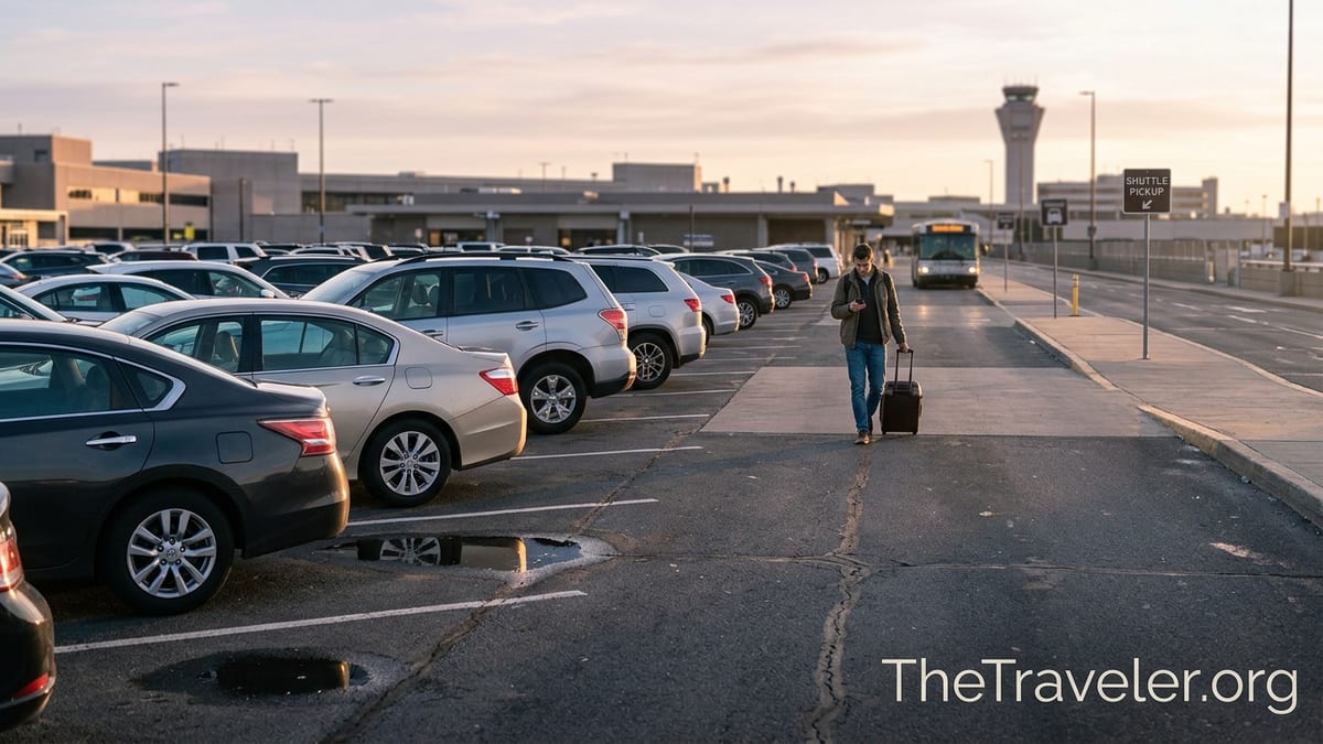 Traveler checking a phone while walking through an airport parking lot at sunrise.