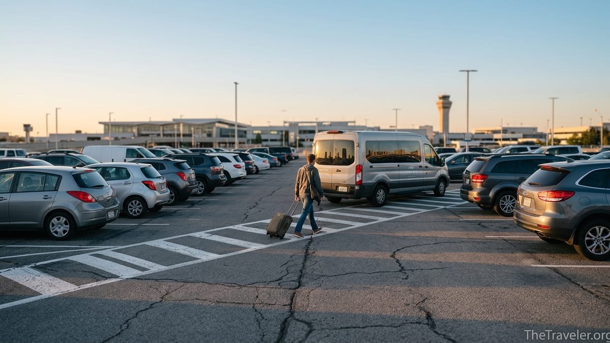 Traveler walking through an offsite airport parking lot toward a hotel shuttle at sunrise.