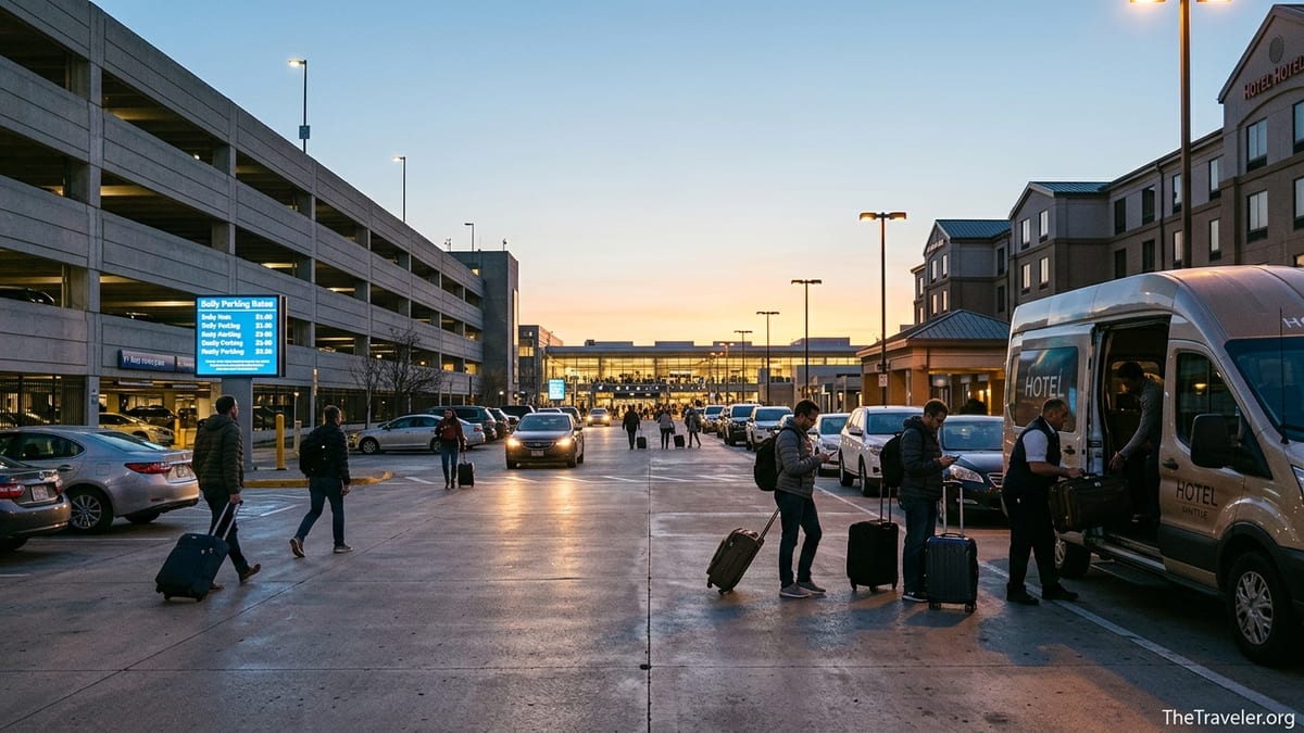 Travelers choosing between airport garage parking and a hotel shuttle in a pre-dawn airport parking lot.