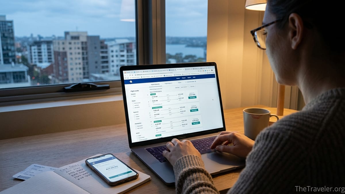 Traveller comparing changing flight prices on a laptop and phone at a desk at dusk.