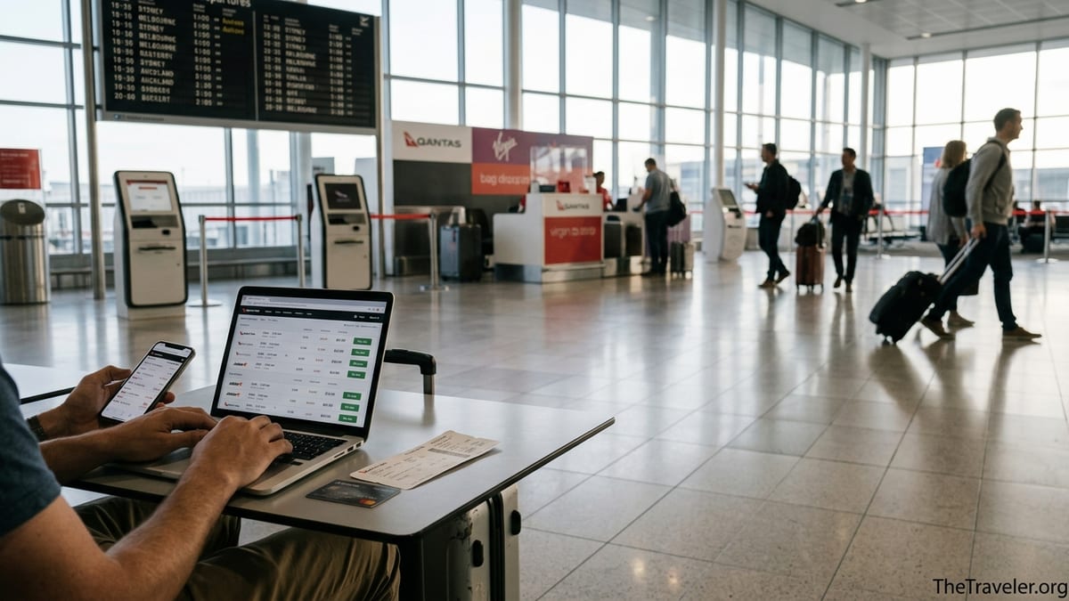 Traveller comparing Webjet and airline prices on a laptop in an airport departures hall.