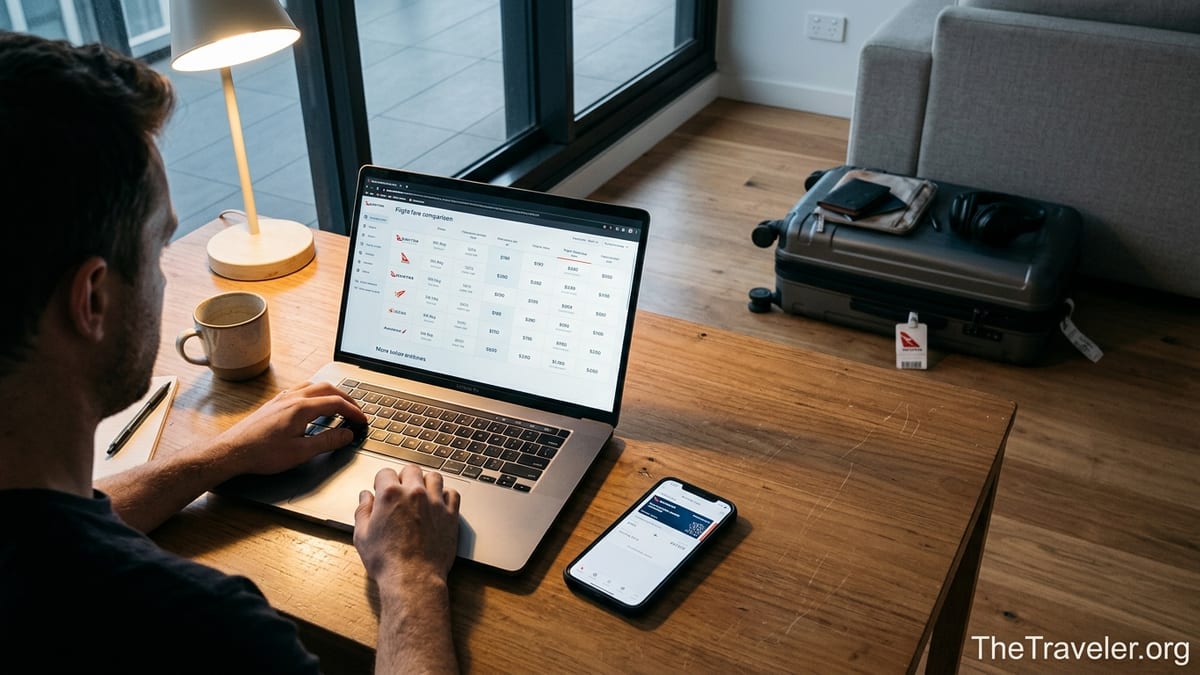 Traveler comparing Webjet and airline app fares on laptop and phone at a home desk.