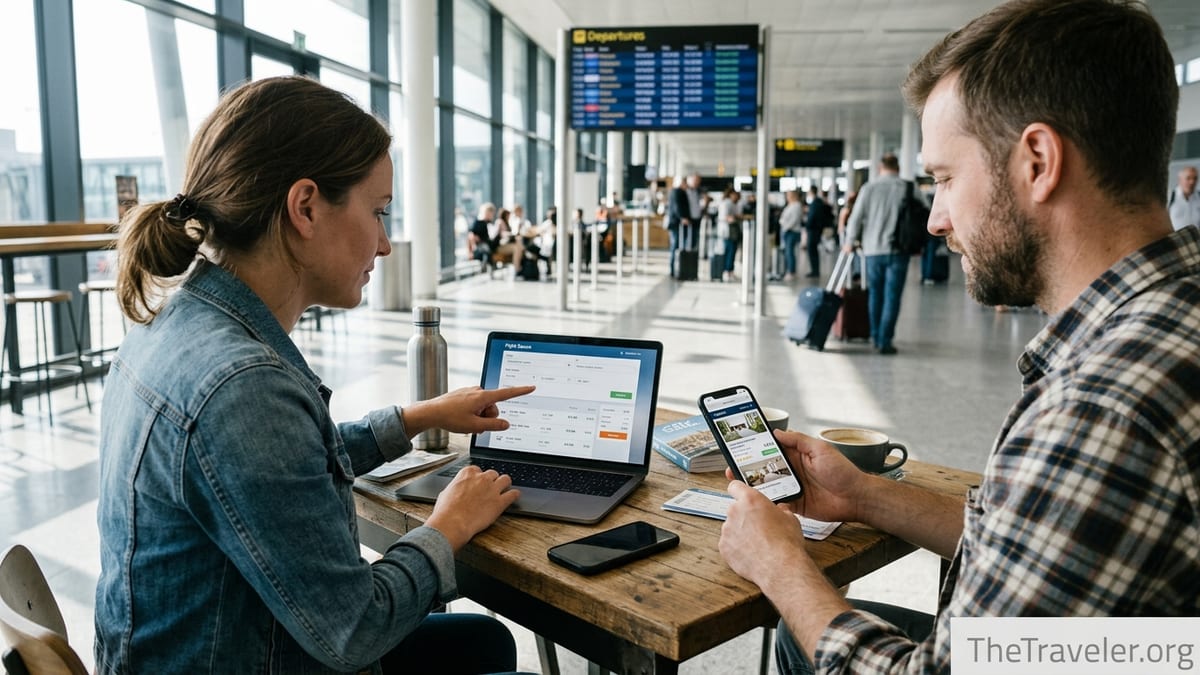 Travelers compare flight and hotel prices on laptop and phone in a busy airport café.