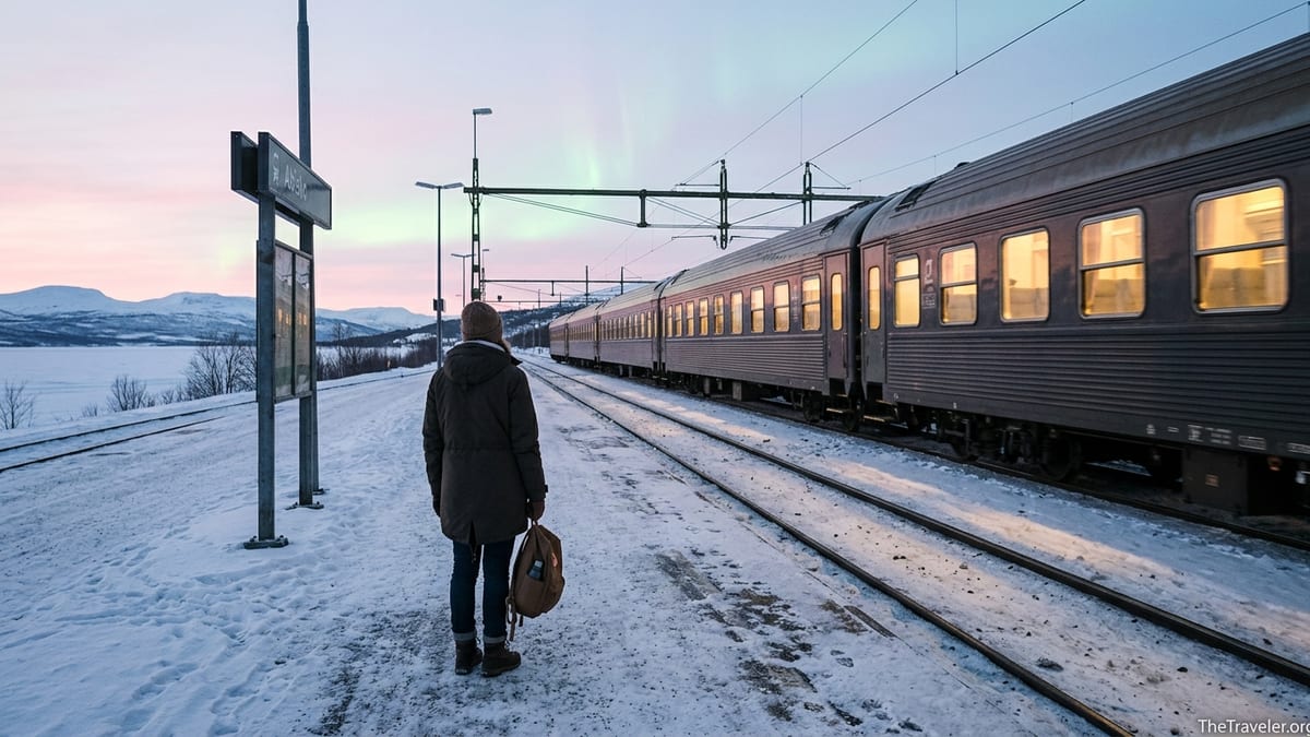 Traveler on a snowy platform in Abisko watching a night train arrive at dawn.