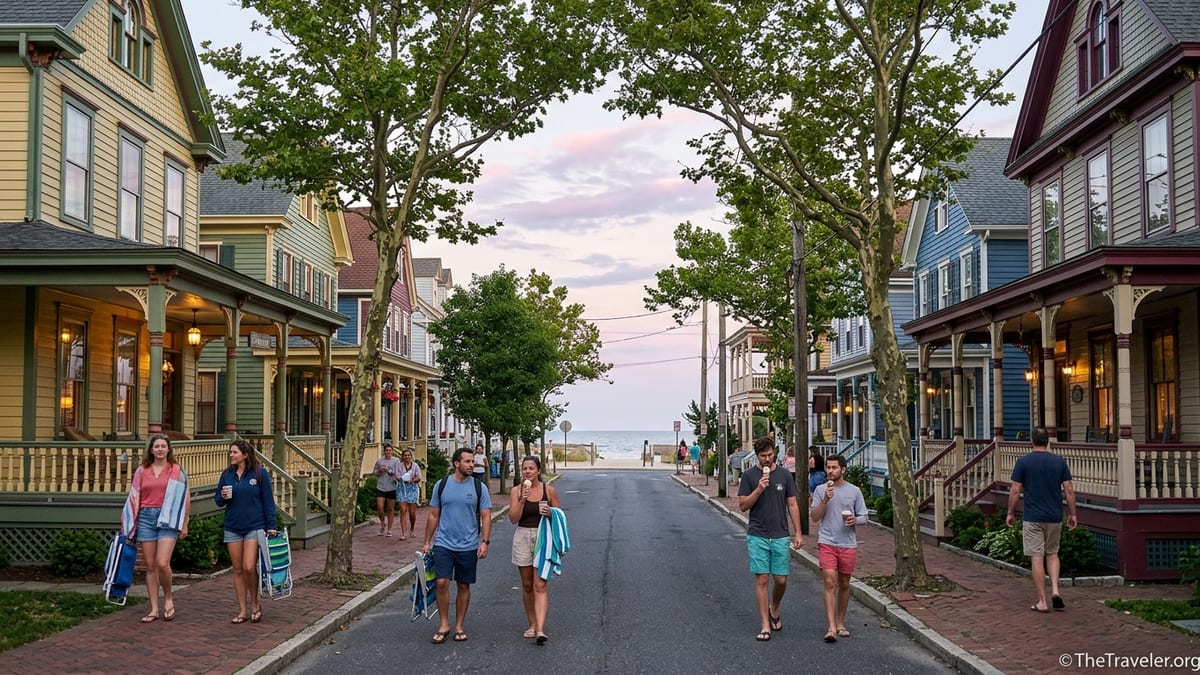 Victorian houses and evening strollers on a Cape May street in South Jersey.