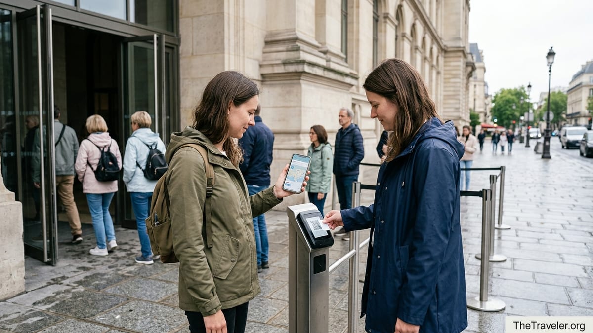 Travelers use a smartphone audio tour and digital ticket outside a European museum entrance.