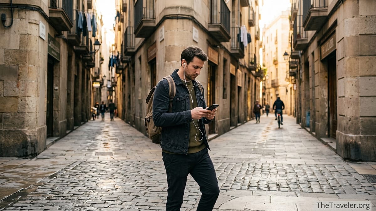 Solo traveler using a phone for a self guided audio tour in Barcelona’s Gothic Quarter.