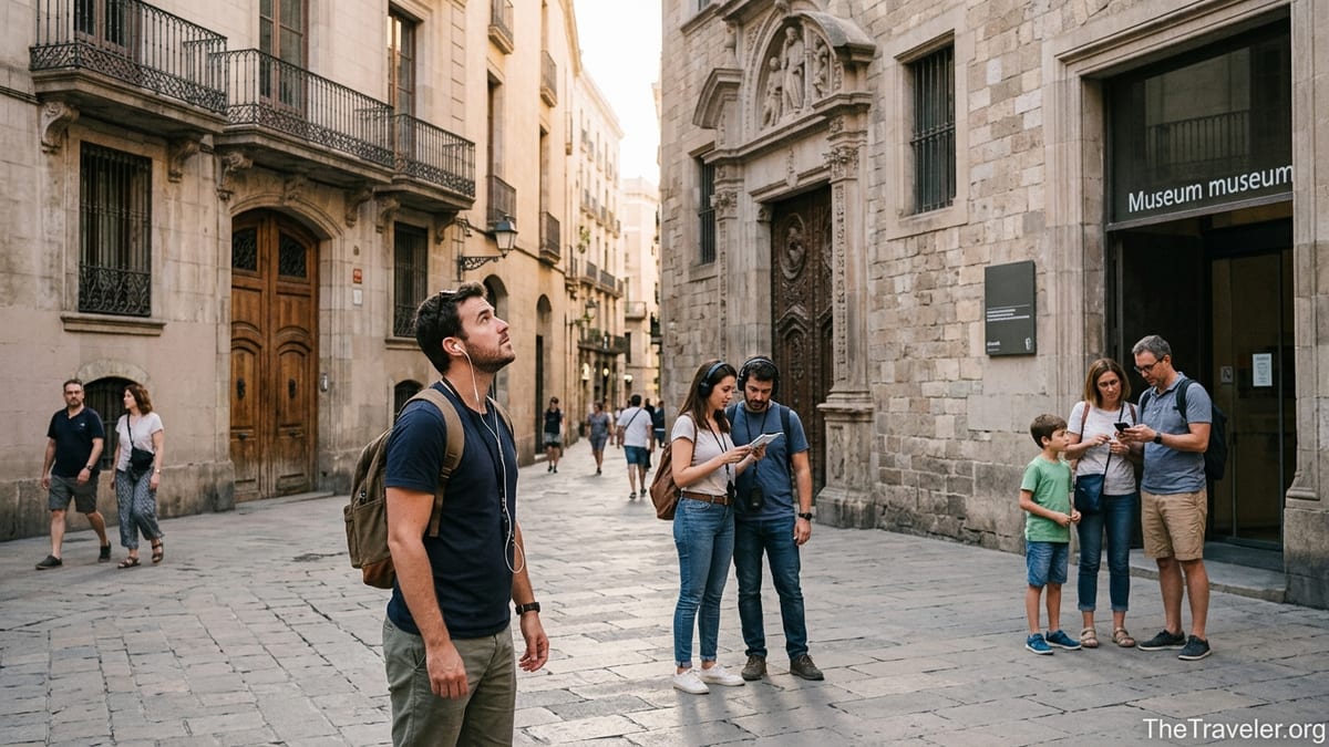 Travelers using smartphones for an audio tour while walking through a historic European city center