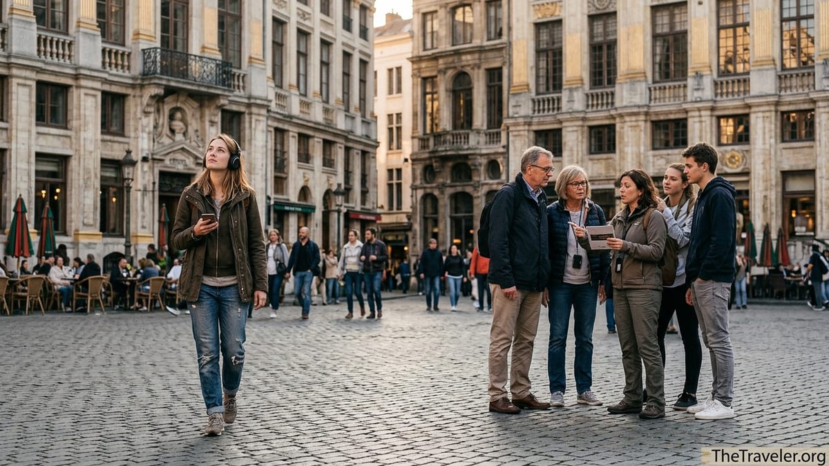 Traveler using audio guide app walks past a guided tour group in a European city square at sunset.