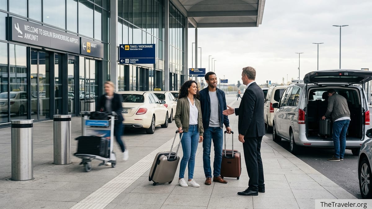 Traveler couple meeting a professional driver for an airport pickup outside a modern terminal.