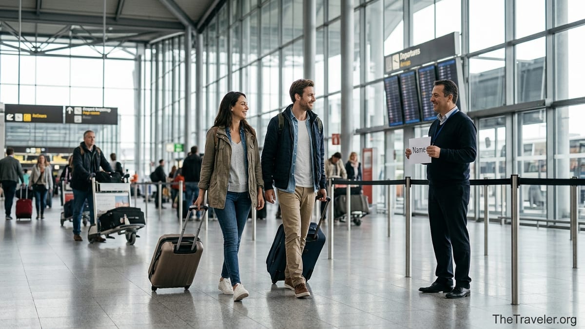 Driver greeting arriving travelers with a name sign in a busy European airport arrivals hall.