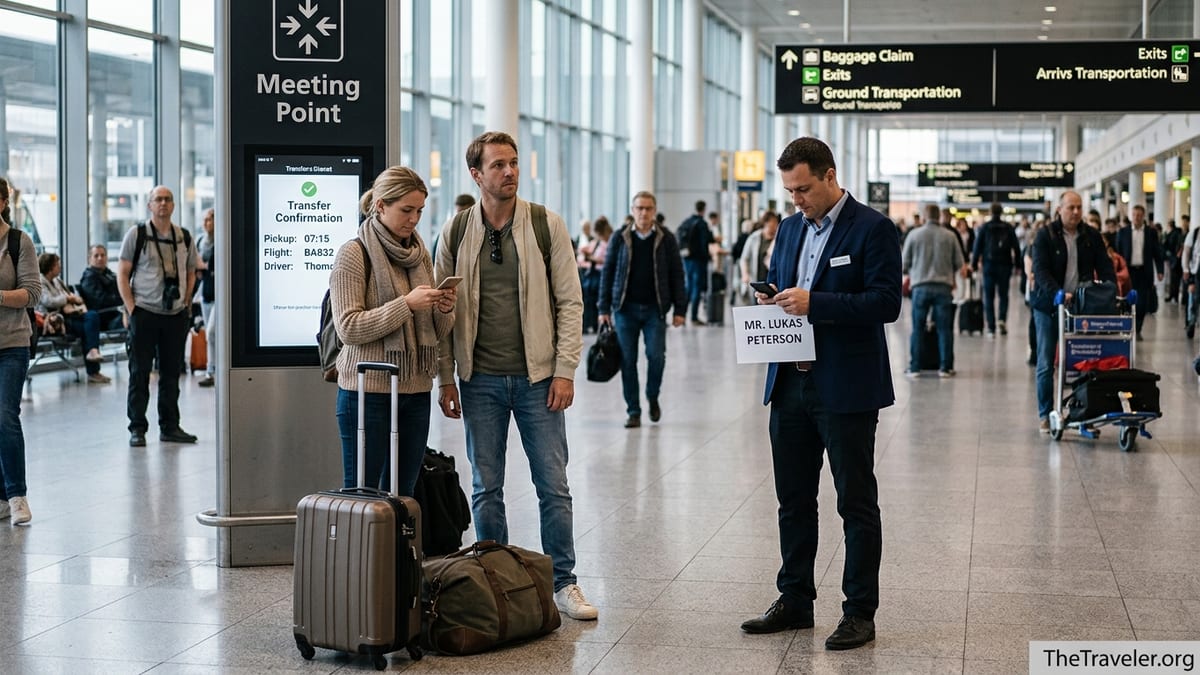 Travelers meeting a Welcome-style airport pickup driver in a busy arrivals hall.
