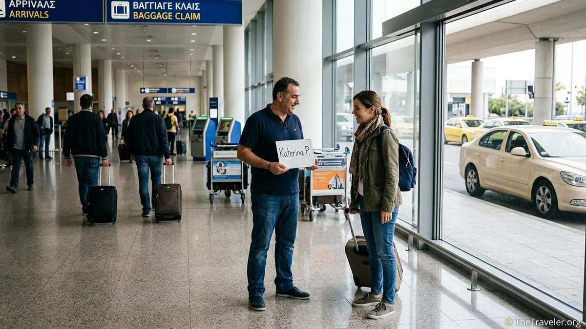 Driver greeting a traveler with a name sign in Athens airport arrivals hall.