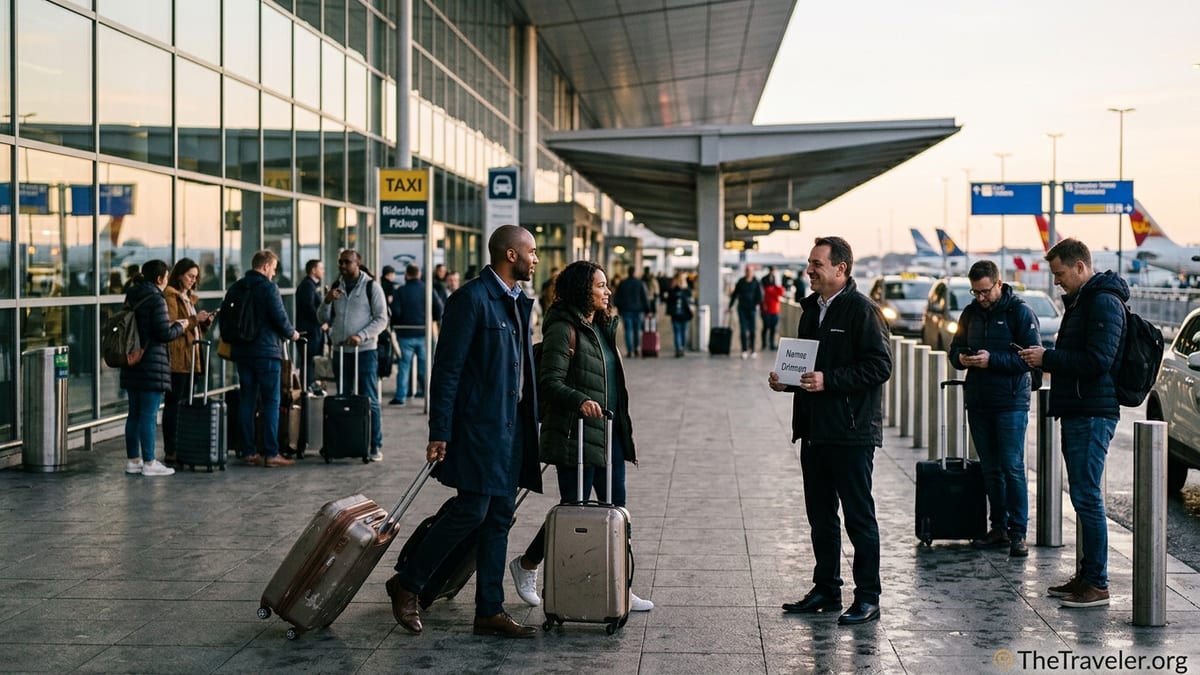 Traveler meeting a prebooked driver outside an airport while others queue for taxis.