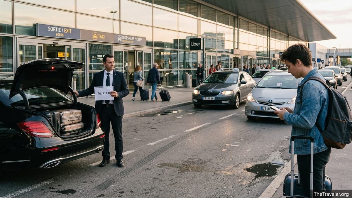 Traveler choosing between a pre-booked driver and an Uber at an airport pickup area.