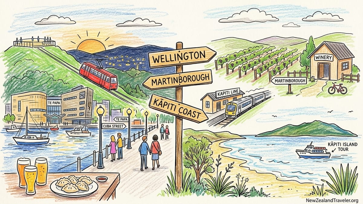 Wellington Harbour with travelers and a bicycle, symbolizing city, wine country, and Kāpiti Coast bases.